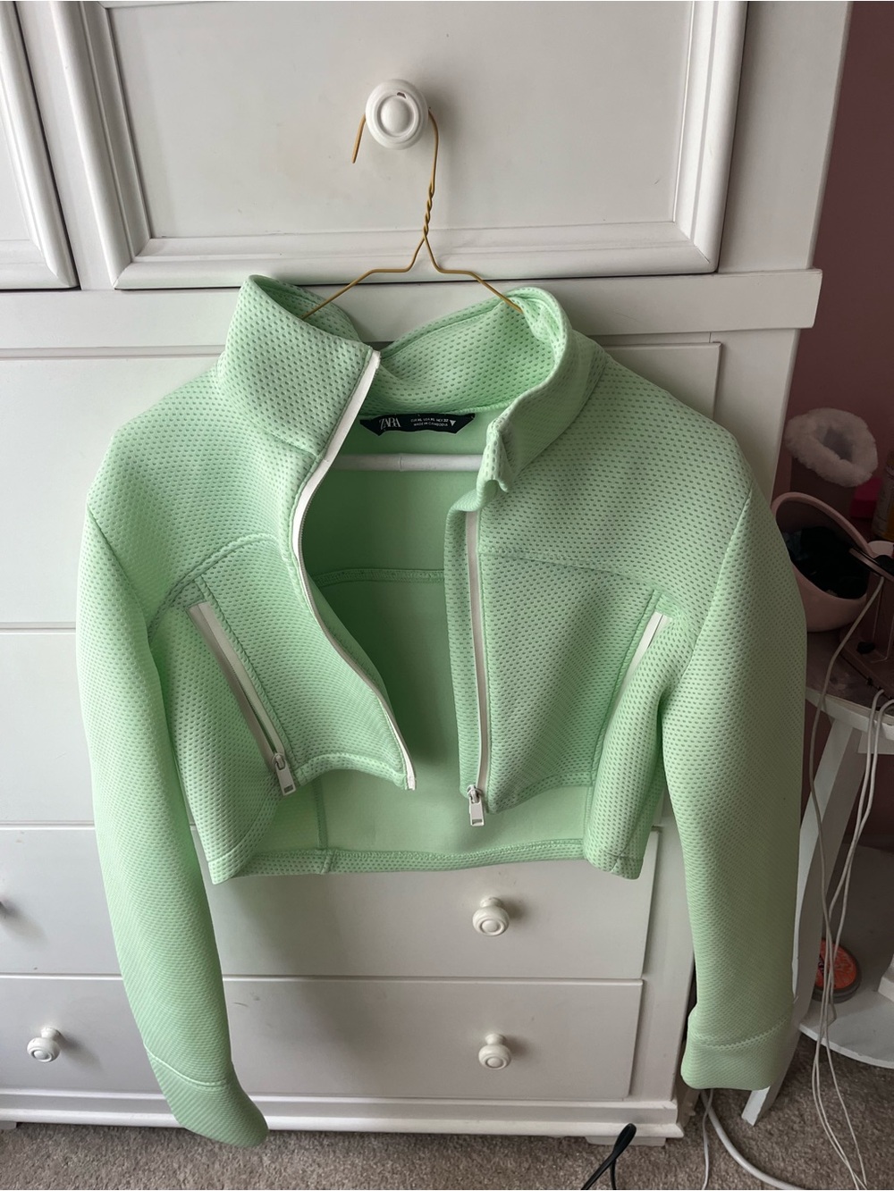 Zara Mint Green Cropped Zip-Front Jacket